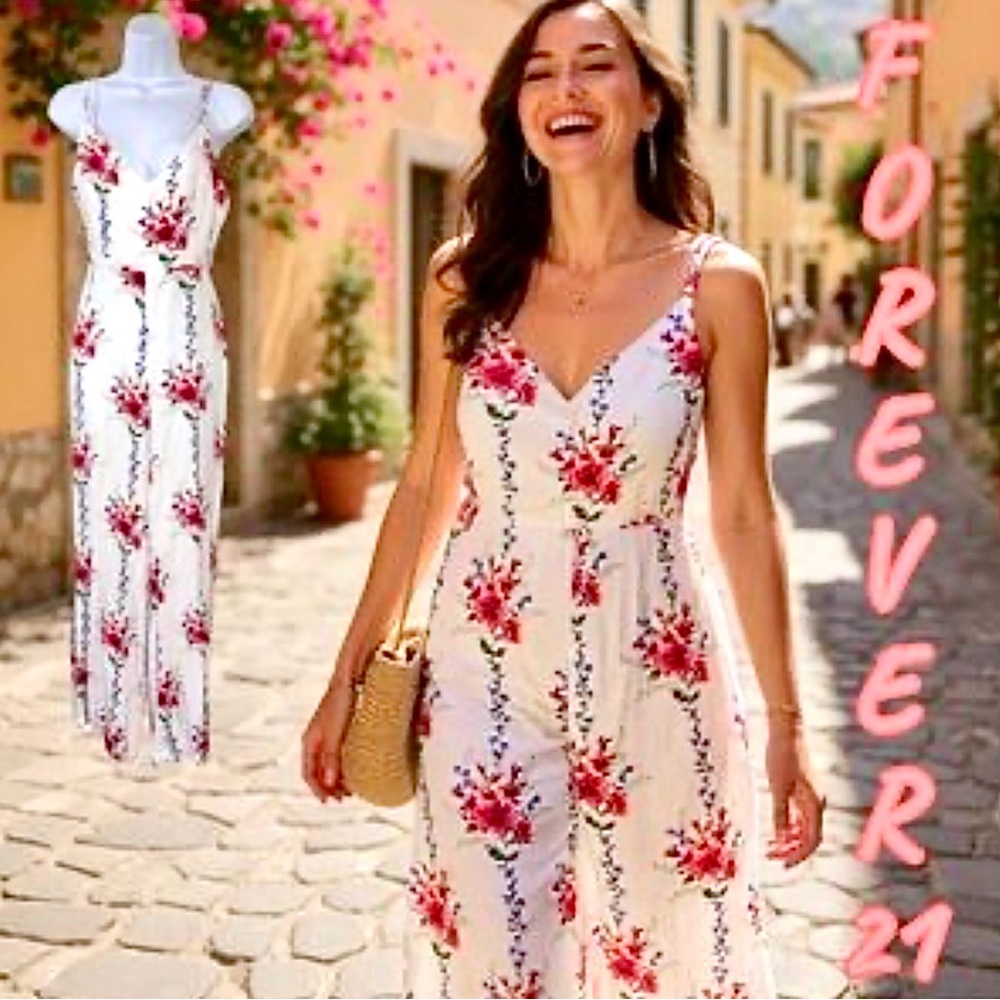 Forever 21 Women's Floral Print Wide-Leg
Jumpsuit in White , MEDIUM